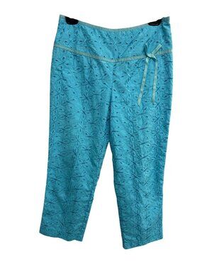 Bamboo Traders Turquoise Embroidered Cotton Capri Pants Size 4 Coastal Boho